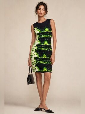 Elie Tahari Cotton Navy Green Abstract Print Bodycon Sheath Cocktail Dress